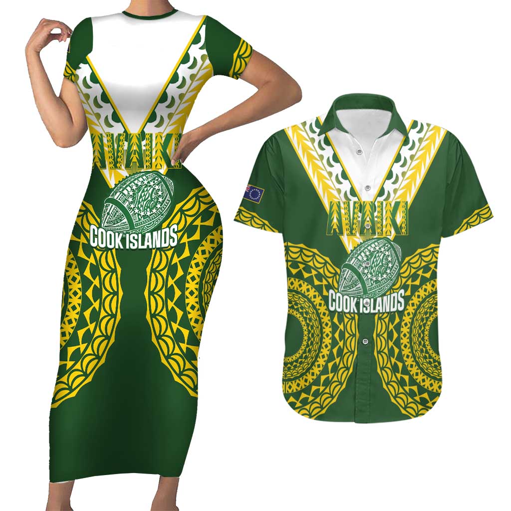 Custom Avaiki Cook Islands Rugby Couples Matching Short Sleeve Bodycon Dress and Hawaiian Shirt Kuki Airani Tatau Green LT14 Green - Polynesian Pride