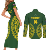 Custom Avaiki Cook Islands Rugby Couples Matching Short Sleeve Bodycon Dress and Long Sleeve Button Shirt Kuki Airani Tatau Green LT14 - Polynesian Pride