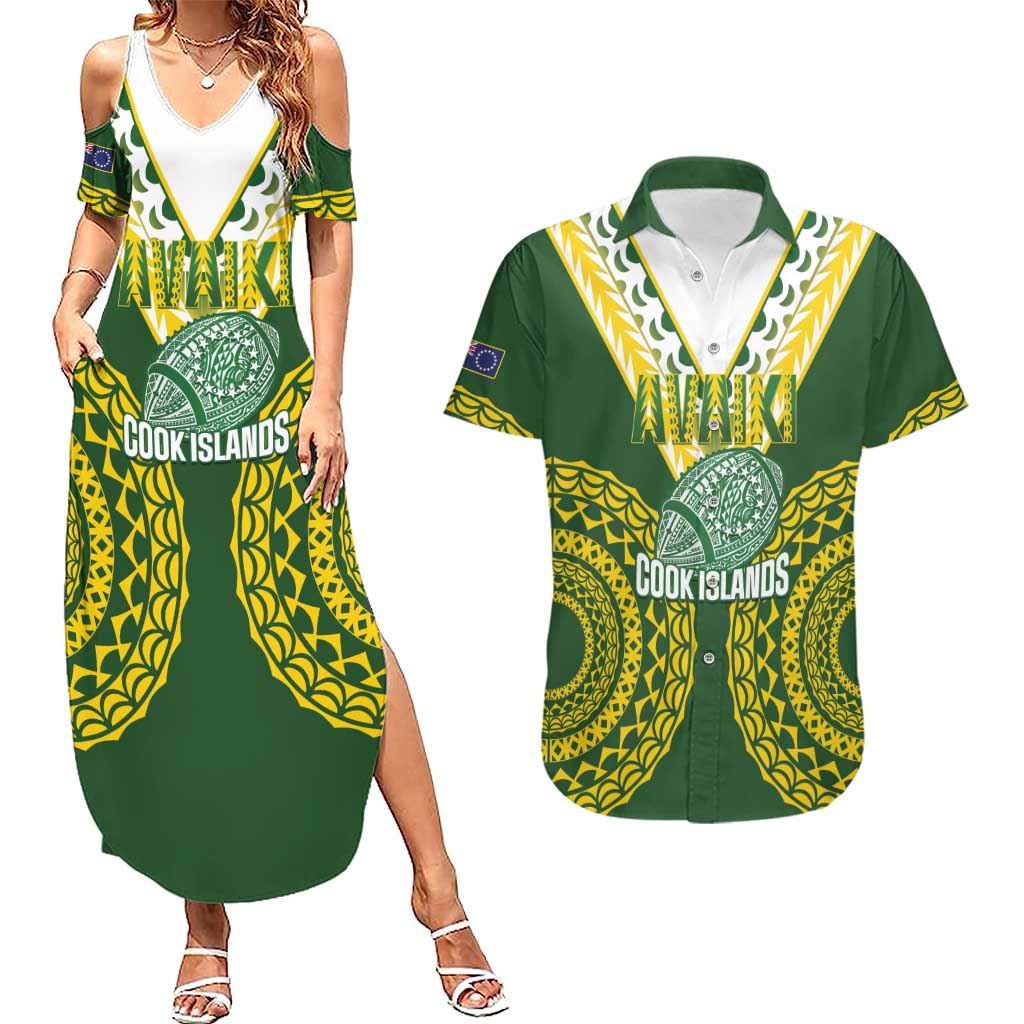Custom Avaiki Cook Islands Rugby Couples Matching Summer Maxi Dress and Hawaiian Shirt Kuki Airani Tatau Green - Polynesian Pride