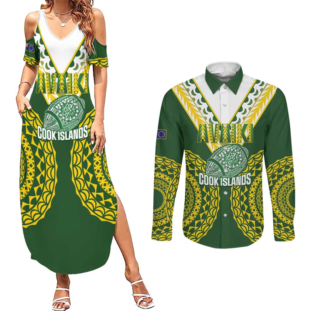 Custom Avaiki Cook Islands Rugby Couples Matching Summer Maxi Dress and Long Sleeve Button Shirt Kuki Airani Tatau Green LT14 Green - Polynesian Pride