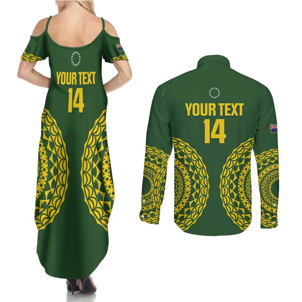 Custom Avaiki Cook Islands Rugby Couples Matching Summer Maxi Dress and Long Sleeve Button Shirt Kuki Airani Tatau Green LT14 - Polynesian Pride