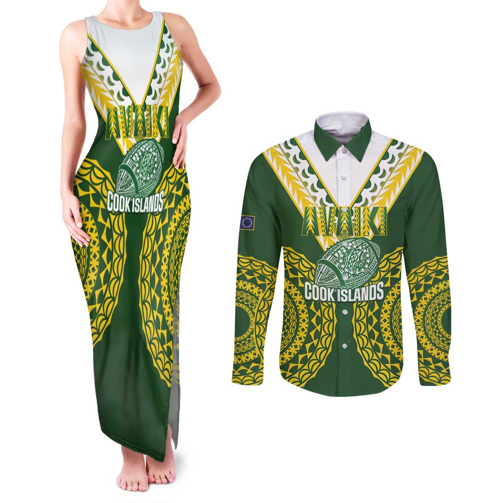 Custom Avaiki Cook Islands Rugby Couples Matching Tank Maxi Dress and Long Sleeve Button Shirt Kuki Airani Tatau Green LT14 Green - Polynesian Pride