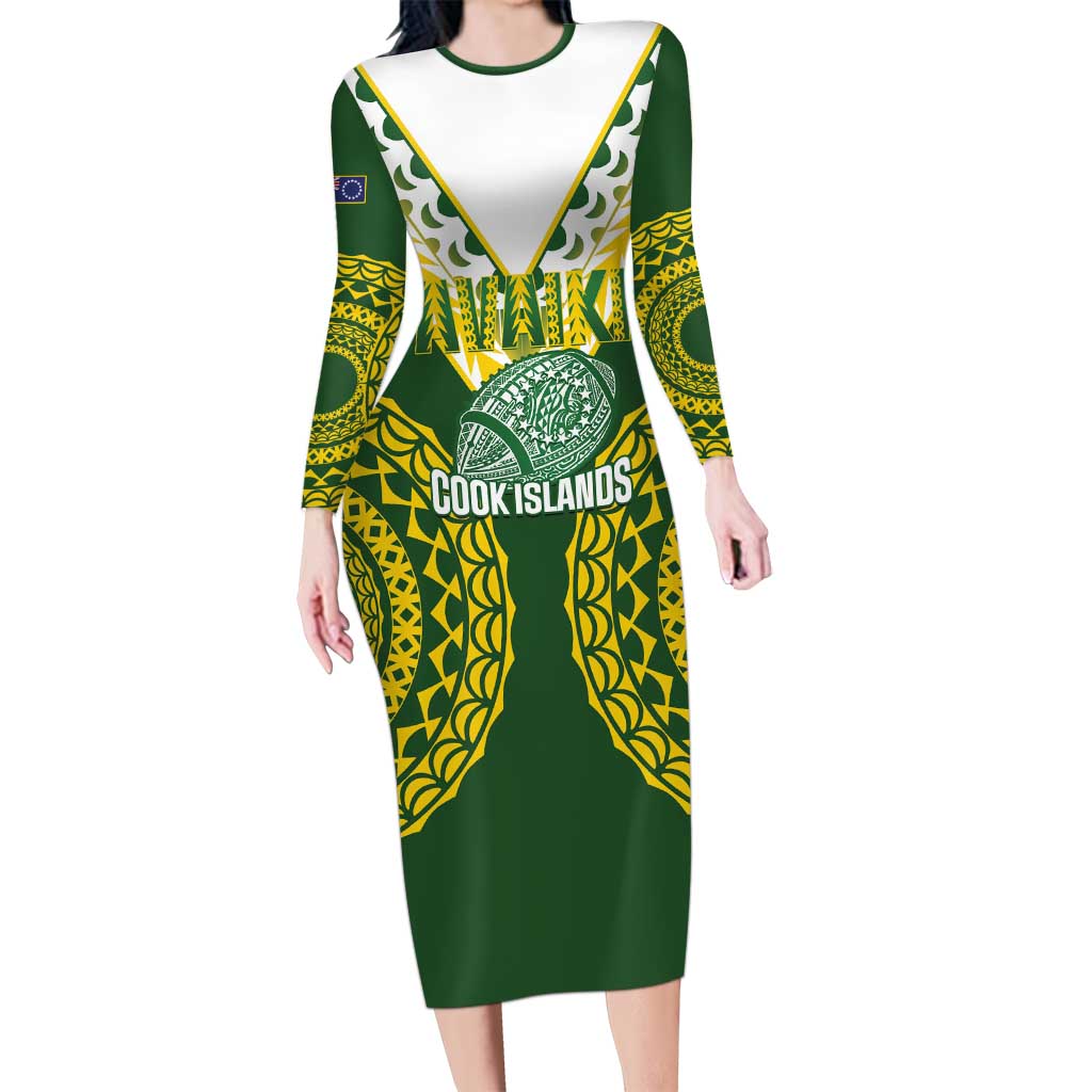 Custom Avaiki Cook Islands Rugby Family Matching Long Sleeve Bodycon Dress and Hawaiian Shirt Kuki Airani Tatau Green LT14 Mom's Dress Green - Polynesian Pride