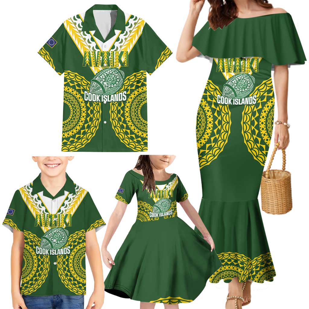 Custom Avaiki Cook Islands Rugby Family Matching Mermaid Dress and Hawaiian Shirt Kuki Airani Tatau Green LT14 - Polynesian Pride