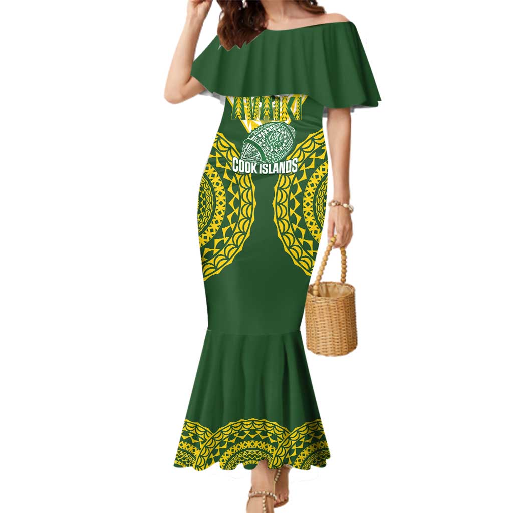 Custom Avaiki Cook Islands Rugby Family Matching Mermaid Dress and Hawaiian Shirt Kuki Airani Tatau Green LT14 Mom's Dress Green - Polynesian Pride