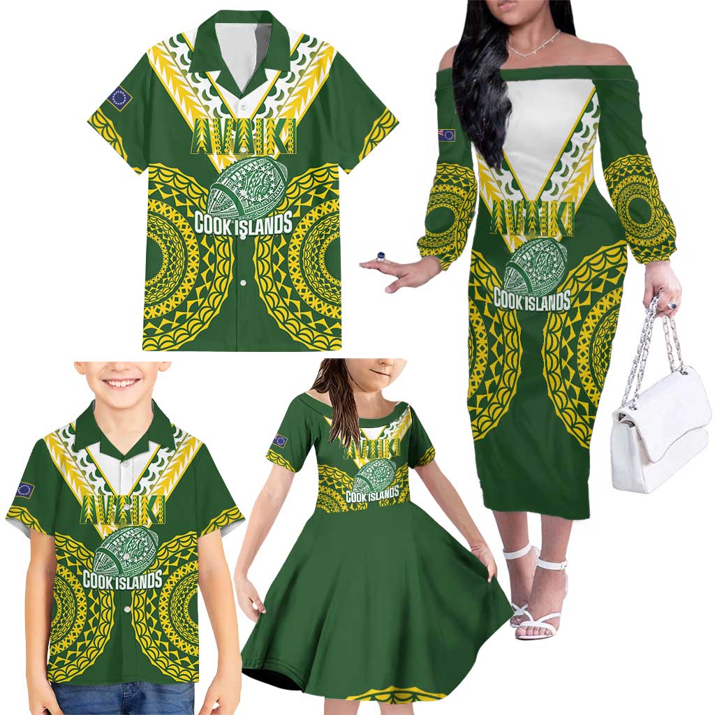 Custom Avaiki Cook Islands Rugby Family Matching Off The Shoulder Long Sleeve Dress and Hawaiian Shirt Kuki Airani Tatau Green LT14 - Polynesian Pride