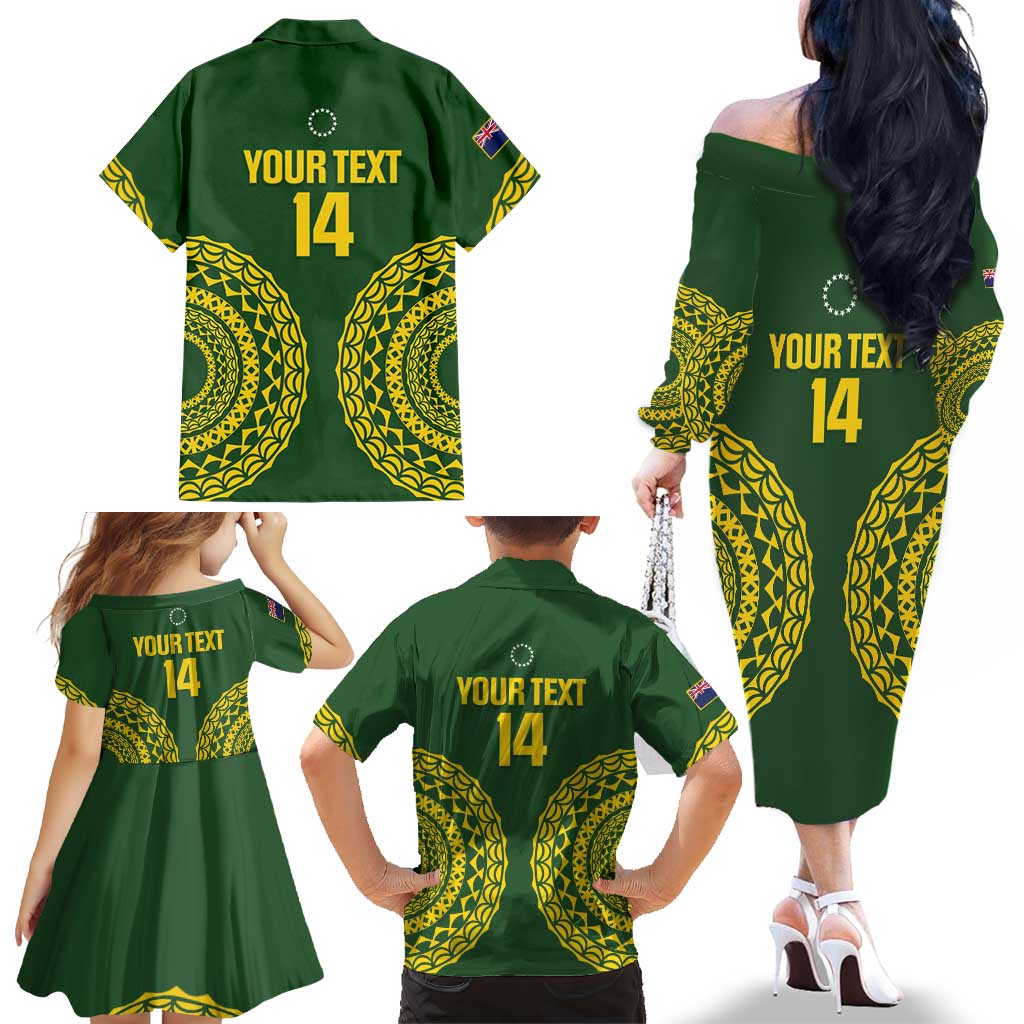 Custom Avaiki Cook Islands Rugby Family Matching Off The Shoulder Long Sleeve Dress and Hawaiian Shirt Kuki Airani Tatau Green LT14 - Polynesian Pride