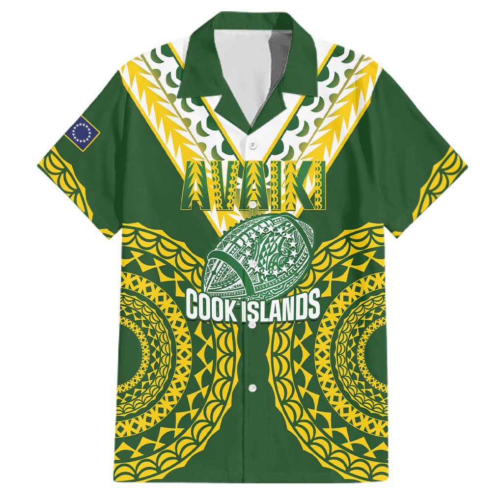 Custom Avaiki Cook Islands Rugby Family Matching Off The Shoulder Long Sleeve Dress and Hawaiian Shirt Kuki Airani Tatau Green LT14 Dad's Shirt - Short Sleeve Green - Polynesian Pride
