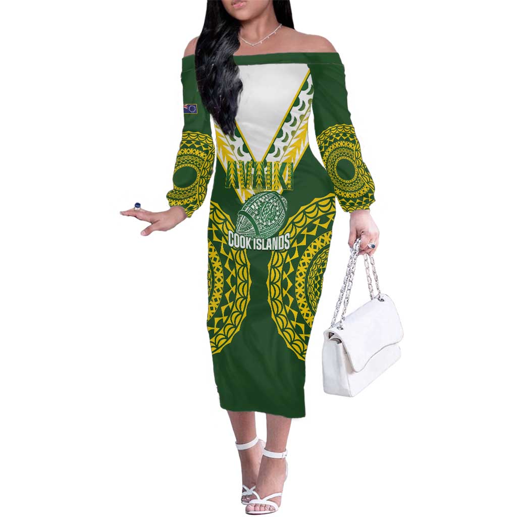 Custom Avaiki Cook Islands Rugby Family Matching Off The Shoulder Long Sleeve Dress and Hawaiian Shirt Kuki Airani Tatau Green LT14 Mom's Dress Green - Polynesian Pride