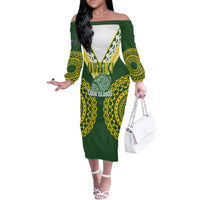 Custom Avaiki Cook Islands Rugby Family Matching Off The Shoulder Long Sleeve Dress and Hawaiian Shirt Kuki Airani Tatau Green LT14 Mom's Dress Green - Polynesian Pride