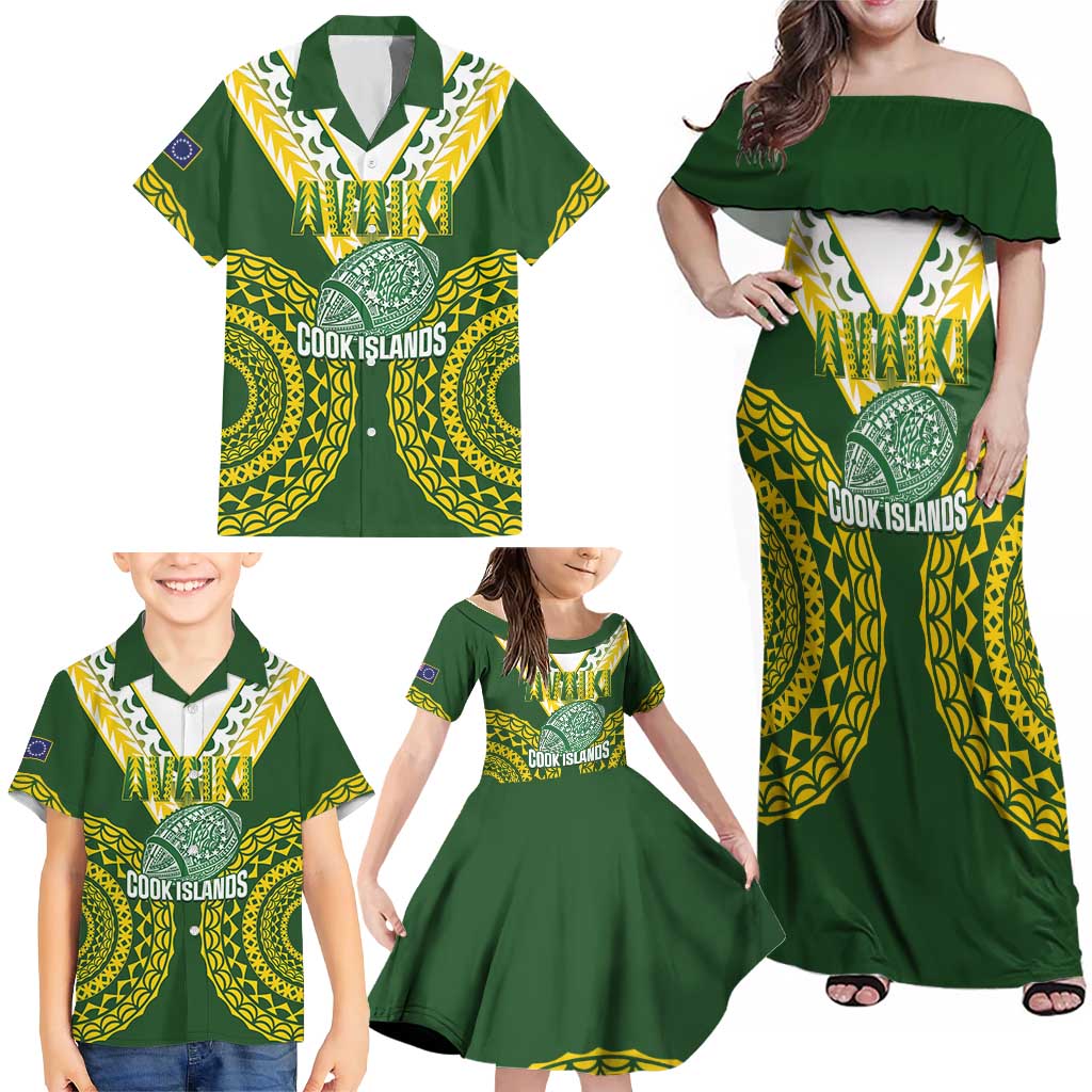 Custom Avaiki Cook Islands Rugby Family Matching Off Shoulder Maxi Dress and Hawaiian Shirt Kuki Airani Tatau Green LT14 - Polynesian Pride