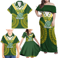 Custom Avaiki Cook Islands Rugby Family Matching Off Shoulder Maxi Dress and Hawaiian Shirt Kuki Airani Tatau Green LT14 - Polynesian Pride
