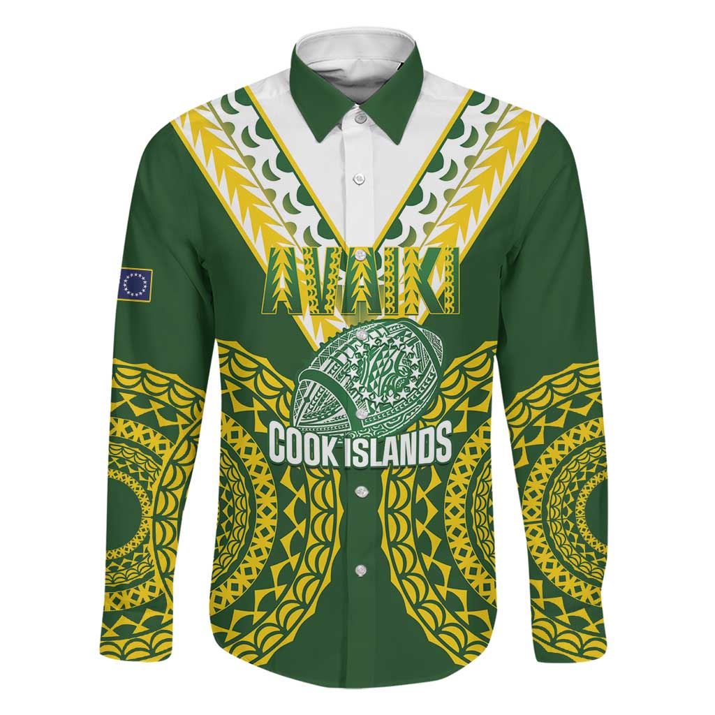 Custom Avaiki Cook Islands Rugby Family Matching Off Shoulder Maxi Dress and Hawaiian Shirt Kuki Airani Tatau Green LT14 Dad's Shirt - Long Sleeve Green - Polynesian Pride