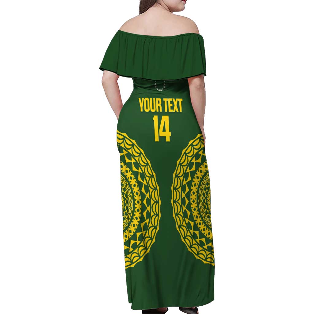 Custom Avaiki Cook Islands Rugby Family Matching Off Shoulder Maxi Dress and Hawaiian Shirt Kuki Airani Tatau Green LT14 - Polynesian Pride