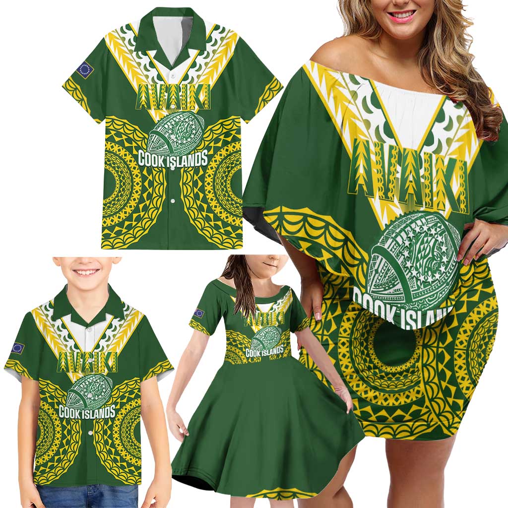Custom Avaiki Cook Islands Rugby Family Matching Off Shoulder Short Dress and Hawaiian Shirt Kuki Airani Tatau Green LT14 - Polynesian Pride