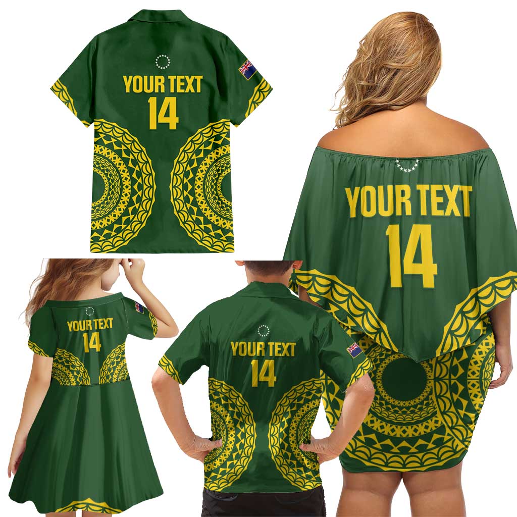 Custom Avaiki Cook Islands Rugby Family Matching Off Shoulder Short Dress and Hawaiian Shirt Kuki Airani Tatau Green LT14 - Polynesian Pride