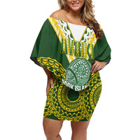 Custom Avaiki Cook Islands Rugby Family Matching Off Shoulder Short Dress and Hawaiian Shirt Kuki Airani Tatau Green LT14 Mom's Dress Green - Polynesian Pride