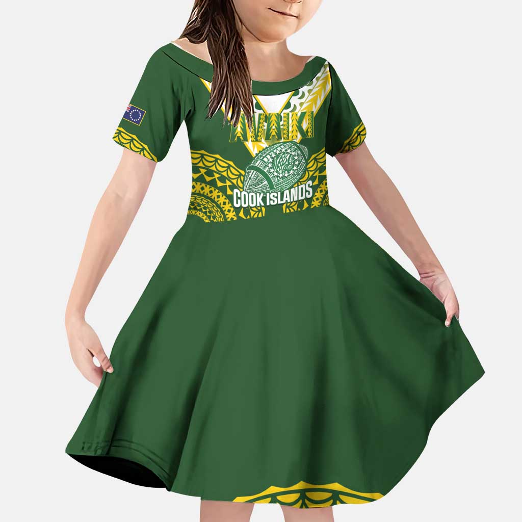 Custom Avaiki Cook Islands Rugby Family Matching Puletasi and Hawaiian Shirt Kuki Airani Tatau Green LT14 Daughter's Dress Green - Polynesian Pride