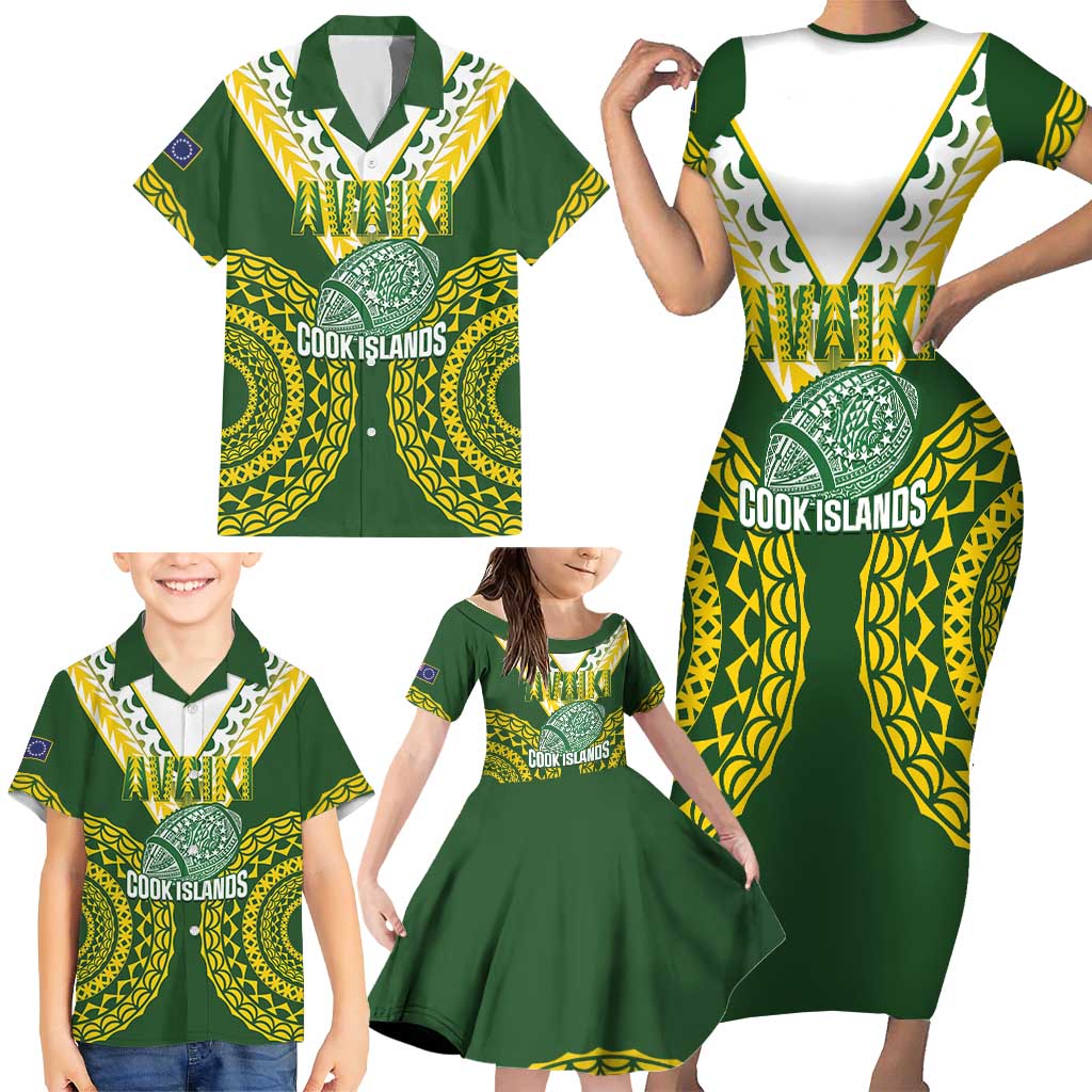 Custom Avaiki Cook Islands Rugby Family Matching Short Sleeve Bodycon Dress and Hawaiian Shirt Kuki Airani Tatau Green LT14 - Polynesian Pride