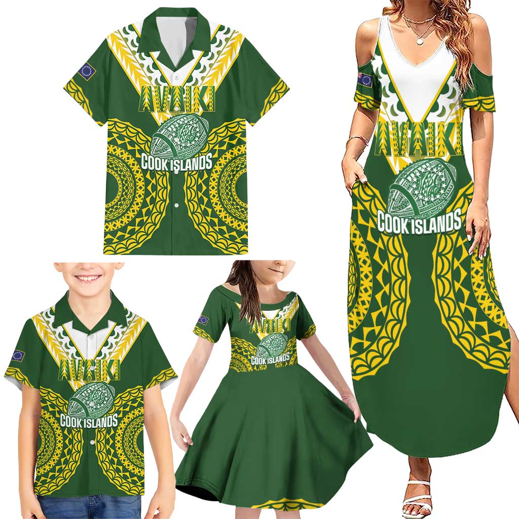 Custom Avaiki Cook Islands Rugby Family Matching Summer Maxi Dress and Hawaiian Shirt Kuki Airani Tatau Green LT14 - Polynesian Pride