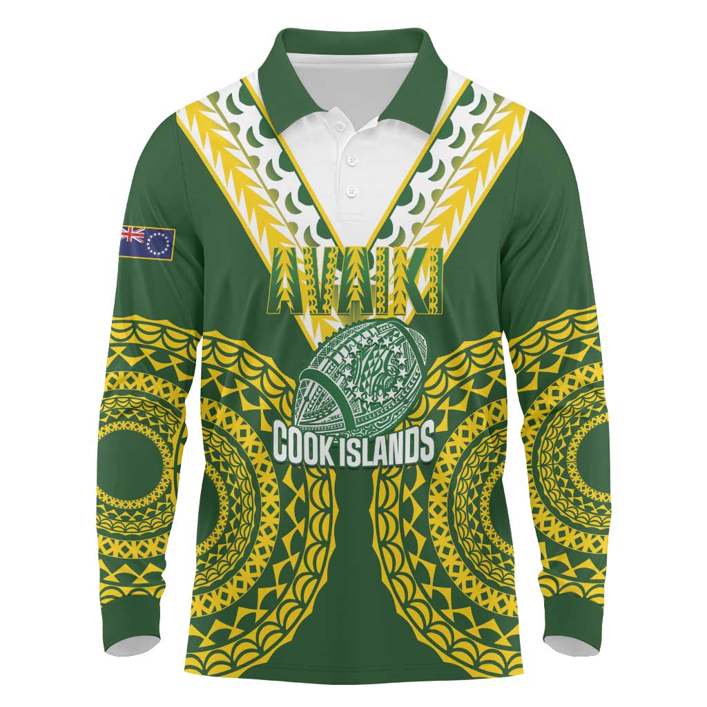 Custom Avaiki Cook Islands Rugby Long Sleeve Polo Shirt Kuki Airani Tatau Green LT14 Green - Polynesian Pride