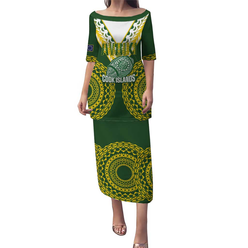 Custom Avaiki Cook Islands Rugby Puletasi Kuki Airani Tatau Green LT14 Long Dress Green - Polynesian Pride