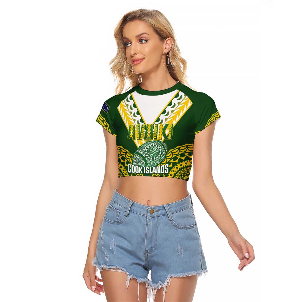 Custom Avaiki Cook Islands Rugby Raglan Cropped T Shirt Kuki Airani Tatau Green - Polynesian Pride
