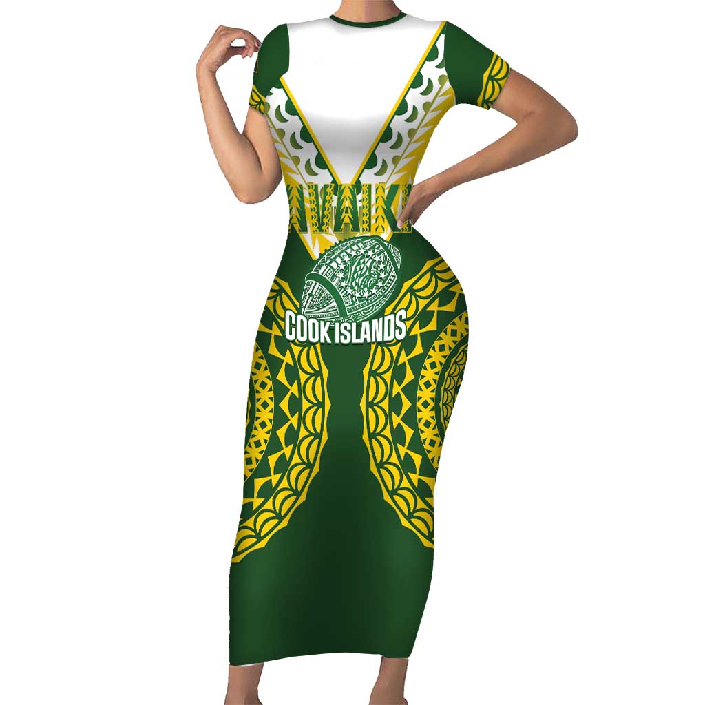 Custom Avaiki Cook Islands Rugby Short Sleeve Bodycon Dress Kuki Airani Tatau Green LT14 Long Dress Green - Polynesian Pride