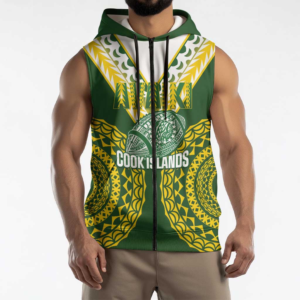 Custom Avaiki Cook Islands Rugby Sleeveless Zip Hoodie Kuki Airani Tatau Green LT14 - Polynesian Pride
