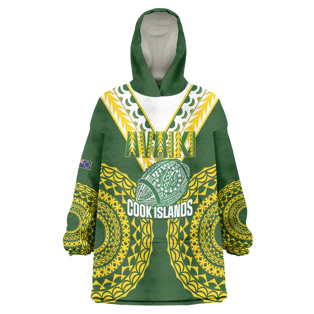 Custom Avaiki Cook Islands Rugby Wearable Blanket Hoodie Kuki Airani Tatau Green LT14 One Size Green - Polynesian Pride