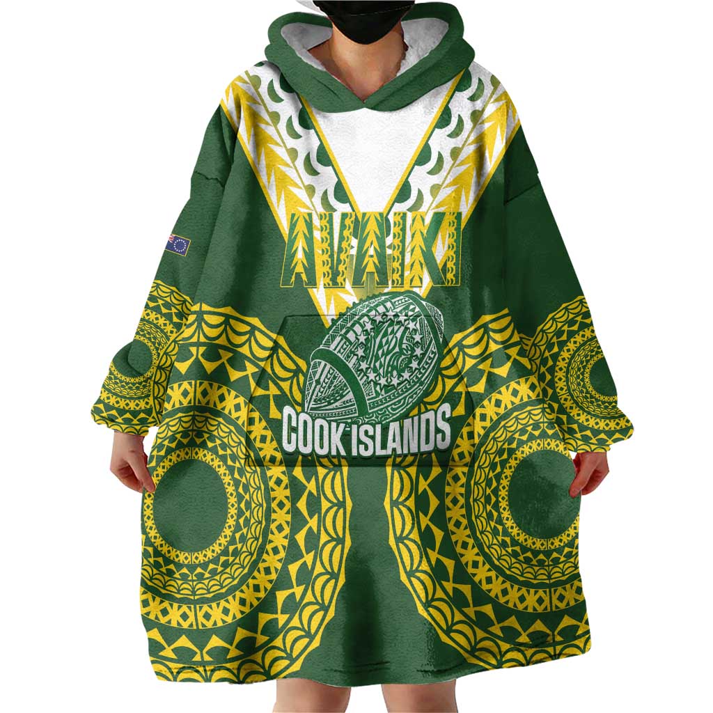 Custom Avaiki Cook Islands Rugby Wearable Blanket Hoodie Kuki Airani Tatau Green LT14 - Polynesian Pride