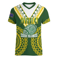 Custom Avaiki Cook Islands Rugby Women V-Neck T-Shirt Kuki Airani Tatau Green LT14 Female Green - Polynesian Pride