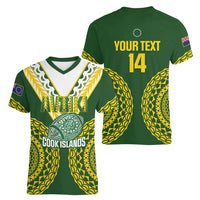Custom Avaiki Cook Islands Rugby Women V-Neck T-Shirt Kuki Airani Tatau Green LT14 - Polynesian Pride