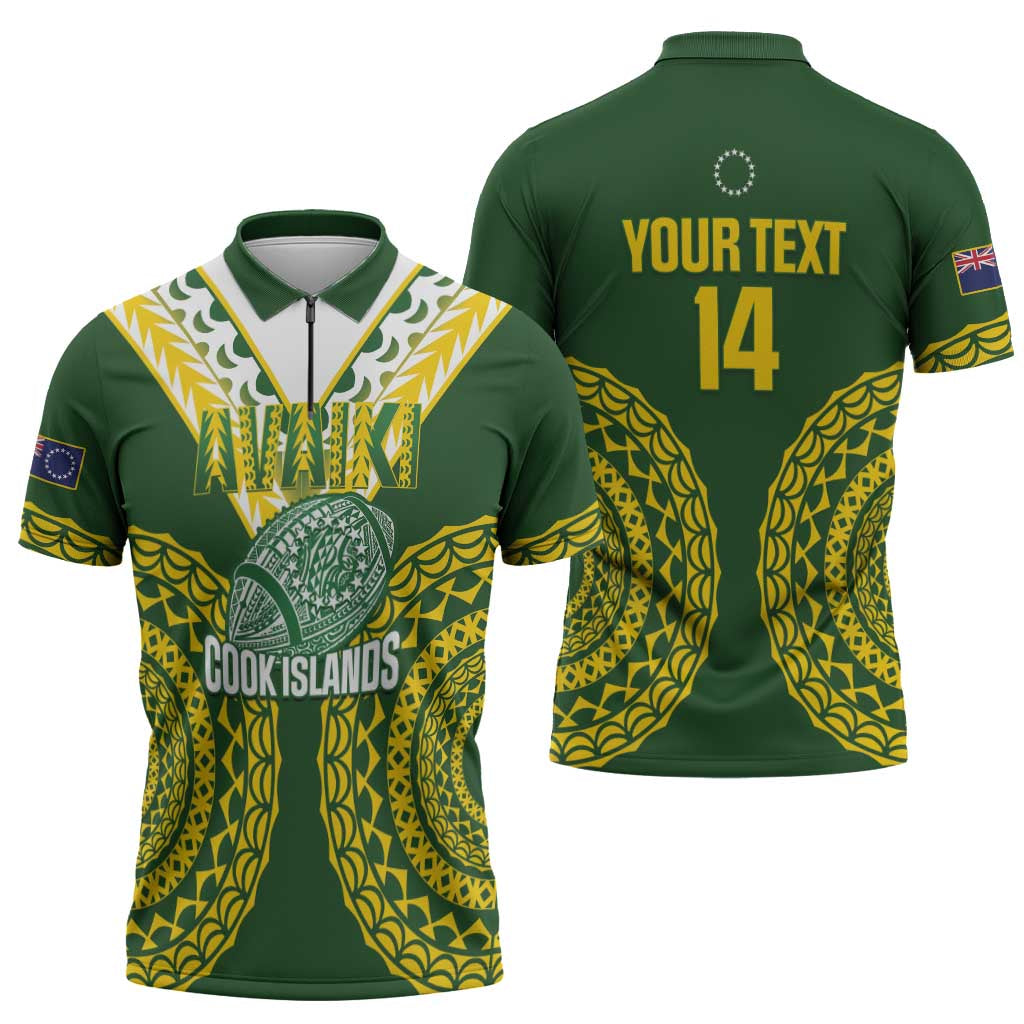 Custom Avaiki Cook Islands Rugby Zipper Polo Shirt Kuki Airani Tatau Green LT14 - Polynesian Pride