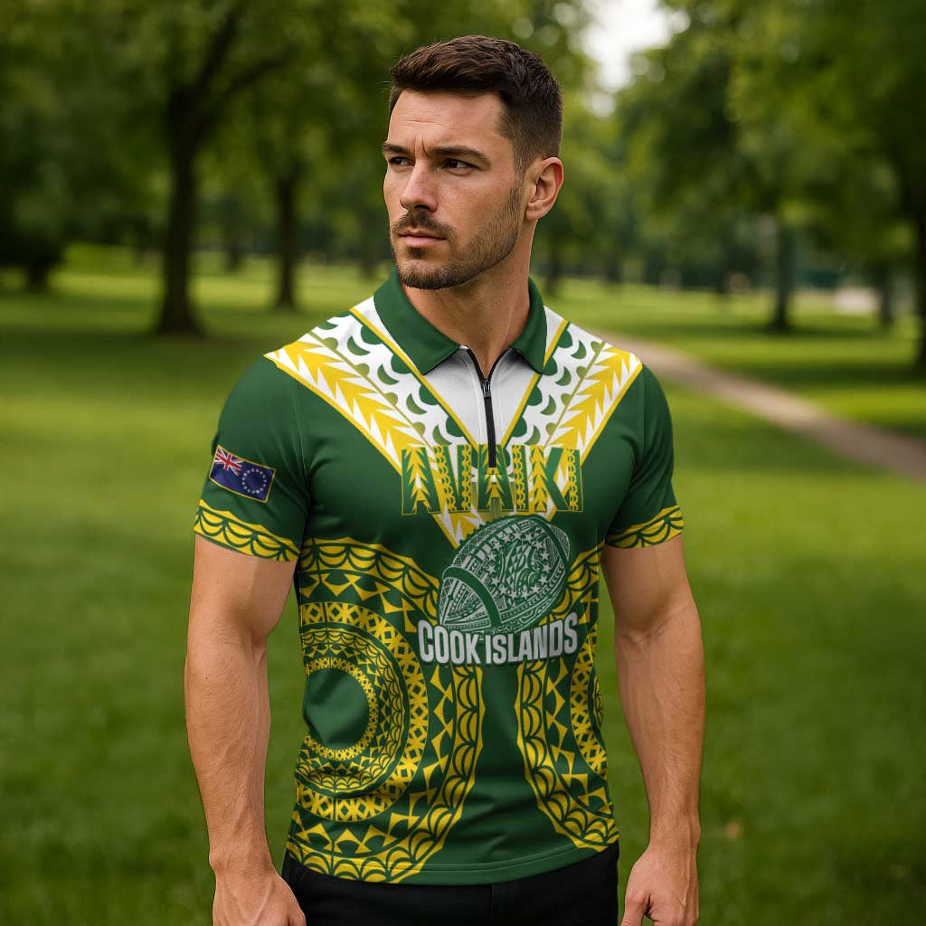 Custom Avaiki Cook Islands Rugby Zipper Polo Shirt Kuki Airani Tatau Green LT14 - Polynesian Pride