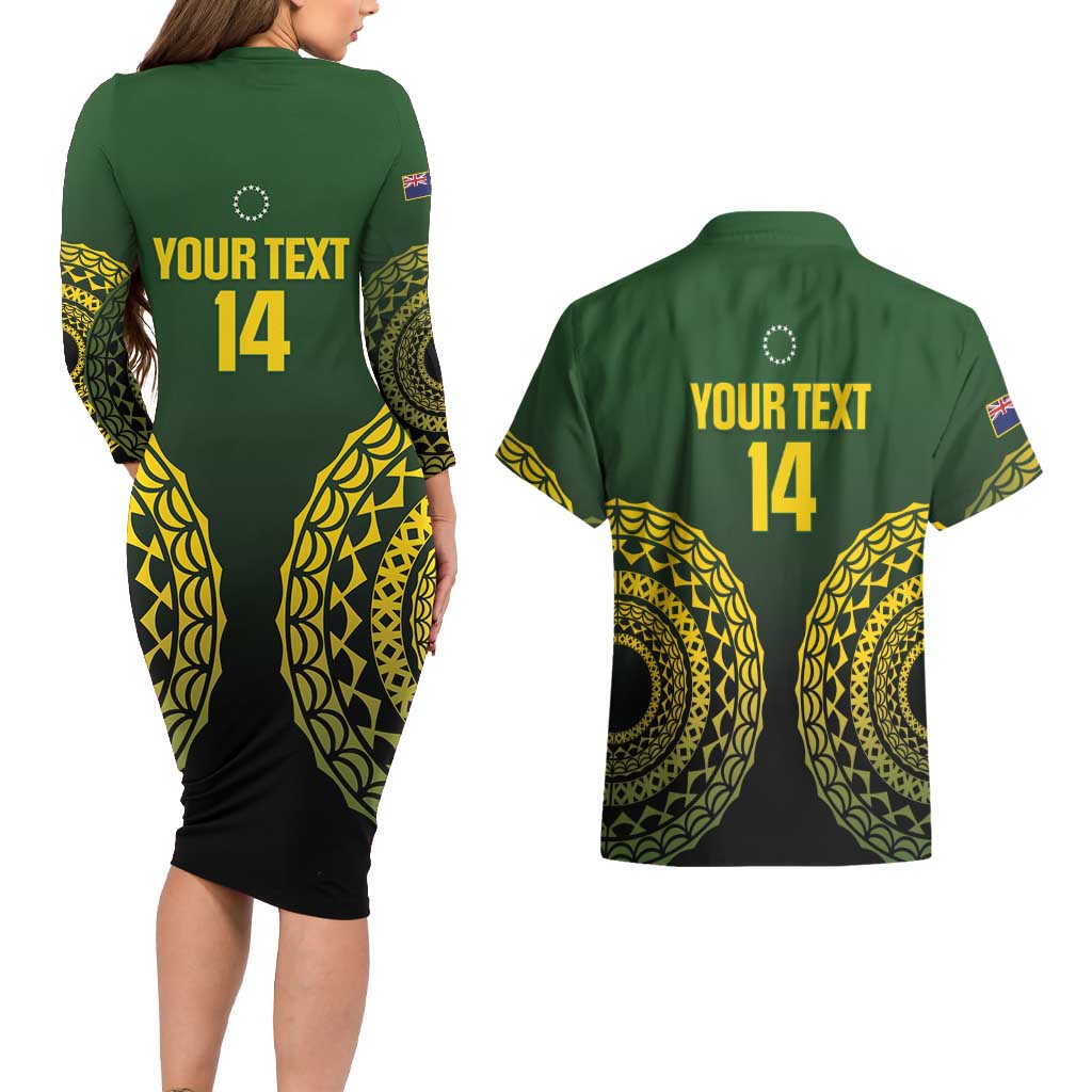 Custom Avaiki Cook Islands Rugby Couples Matching Long Sleeve Bodycon Dress and Hawaiian Shirt Kuki Airani Tatau Black LT14 - Polynesian Pride
