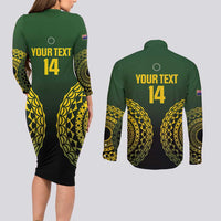 Custom Avaiki Cook Islands Rugby Couples Matching Long Sleeve Bodycon Dress and Long Sleeve Button Shirt Kuki Airani Tatau Black LT14 - Polynesian Pride