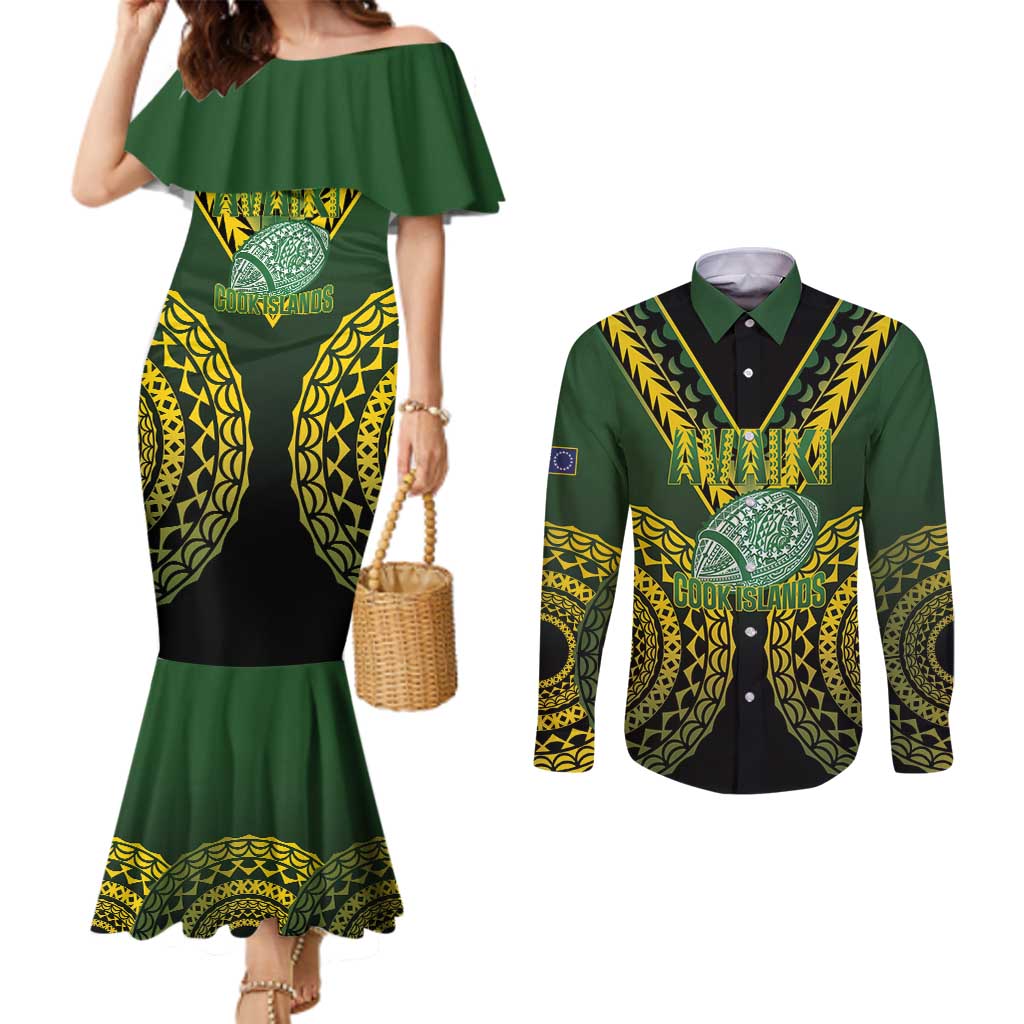 Custom Avaiki Cook Islands Rugby Couples Matching Mermaid Dress and Long Sleeve Button Shirt Kuki Airani Tatau Black LT14 Black - Polynesian Pride