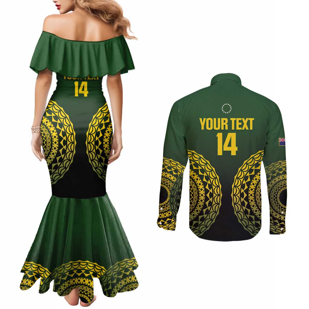 Custom Avaiki Cook Islands Rugby Couples Matching Mermaid Dress and Long Sleeve Button Shirt Kuki Airani Tatau Black LT14 - Polynesian Pride