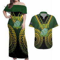 Custom Avaiki Cook Islands Rugby Couples Matching Off Shoulder Maxi Dress and Hawaiian Shirt Kuki Airani Tatau Black LT14 Black - Polynesian Pride