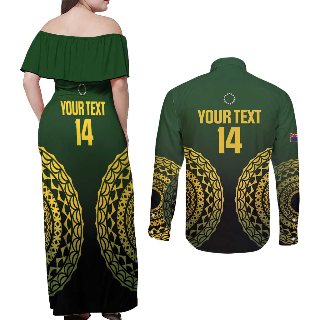 Custom Avaiki Cook Islands Rugby Couples Matching Off Shoulder Maxi Dress and Long Sleeve Button Shirt Kuki Airani Tatau Black LT14 - Polynesian Pride