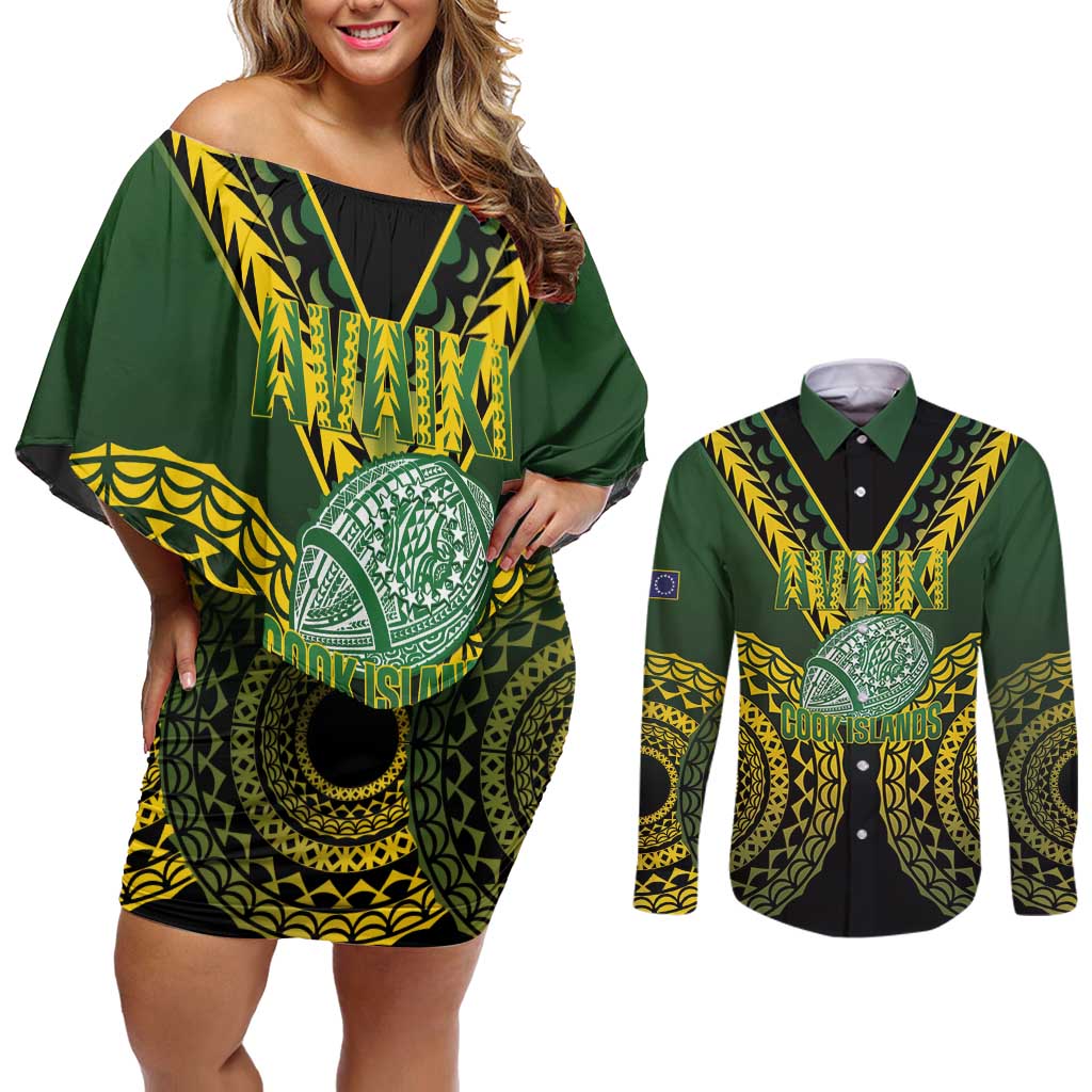 Custom Avaiki Cook Islands Rugby Couples Matching Off Shoulder Short Dress and Long Sleeve Button Shirt Kuki Airani Tatau Black LT14 Black - Polynesian Pride