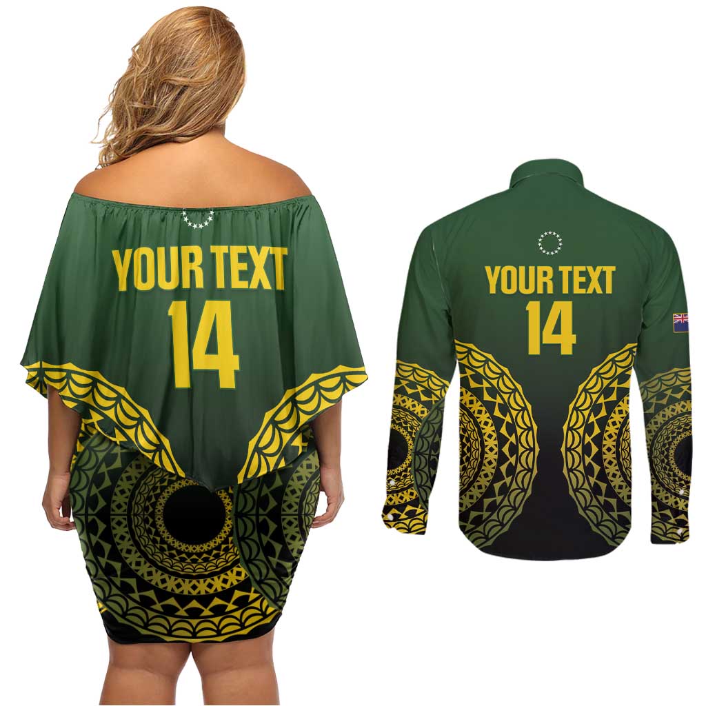 Custom Avaiki Cook Islands Rugby Couples Matching Off Shoulder Short Dress and Long Sleeve Button Shirt Kuki Airani Tatau Black LT14 - Polynesian Pride