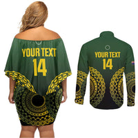 Custom Avaiki Cook Islands Rugby Couples Matching Off Shoulder Short Dress and Long Sleeve Button Shirt Kuki Airani Tatau Black LT14 - Polynesian Pride