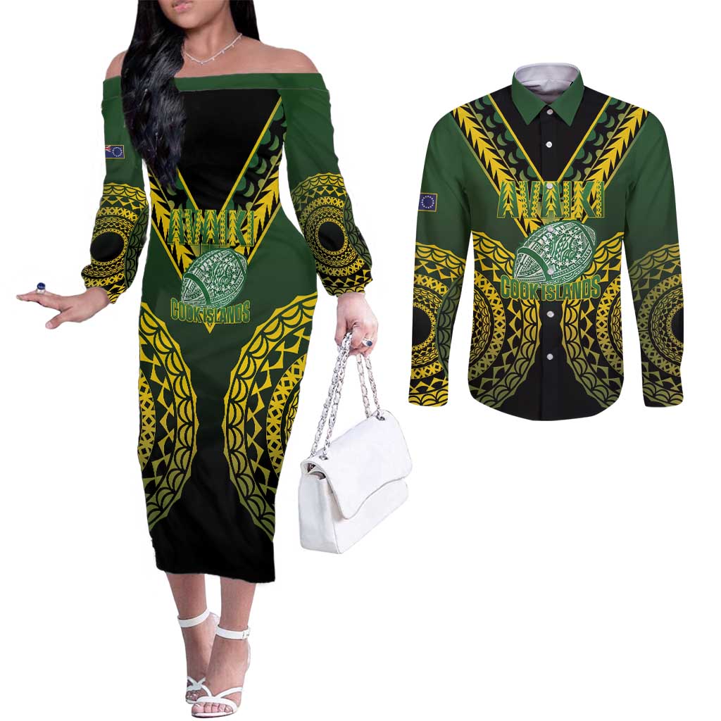 Custom Avaiki Cook Islands Rugby Couples Matching Off The Shoulder Long Sleeve Dress and Long Sleeve Button Shirt Kuki Airani Tatau Black LT14 Black - Polynesian Pride