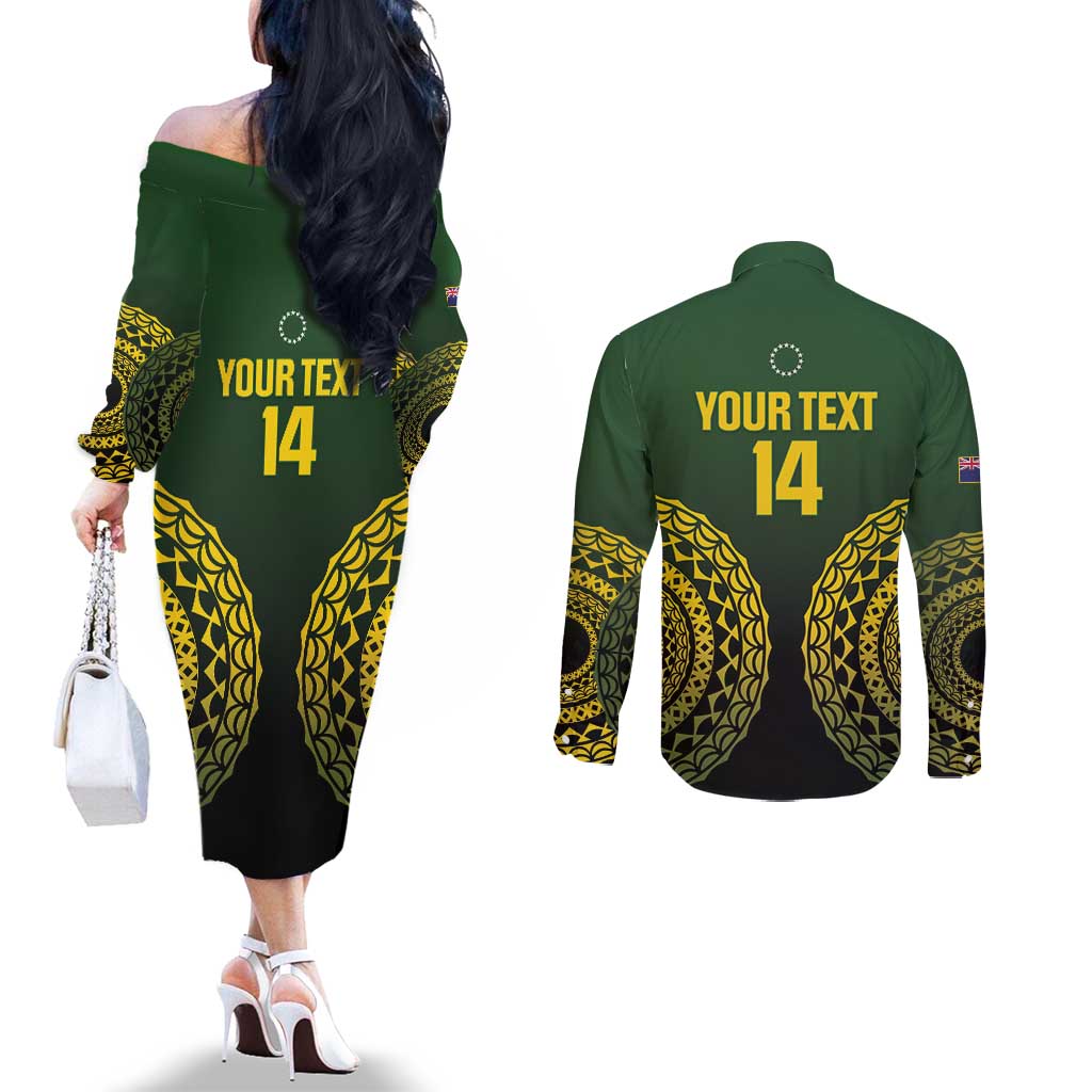 Custom Avaiki Cook Islands Rugby Couples Matching Off The Shoulder Long Sleeve Dress and Long Sleeve Button Shirt Kuki Airani Tatau Black LT14 - Polynesian Pride