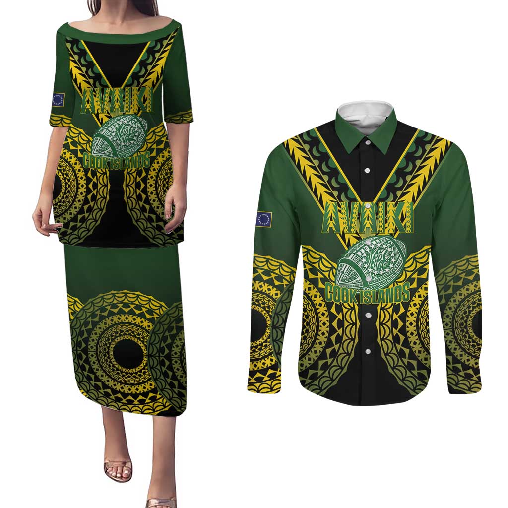 Custom Avaiki Cook Islands Rugby Couples Matching Puletasi and Long Sleeve Button Shirt Kuki Airani Tatau Black LT14 Black - Polynesian Pride