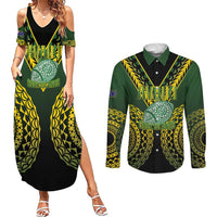 Custom Avaiki Cook Islands Rugby Couples Matching Summer Maxi Dress and Long Sleeve Button Shirt Kuki Airani Tatau Black LT14 Black - Polynesian Pride