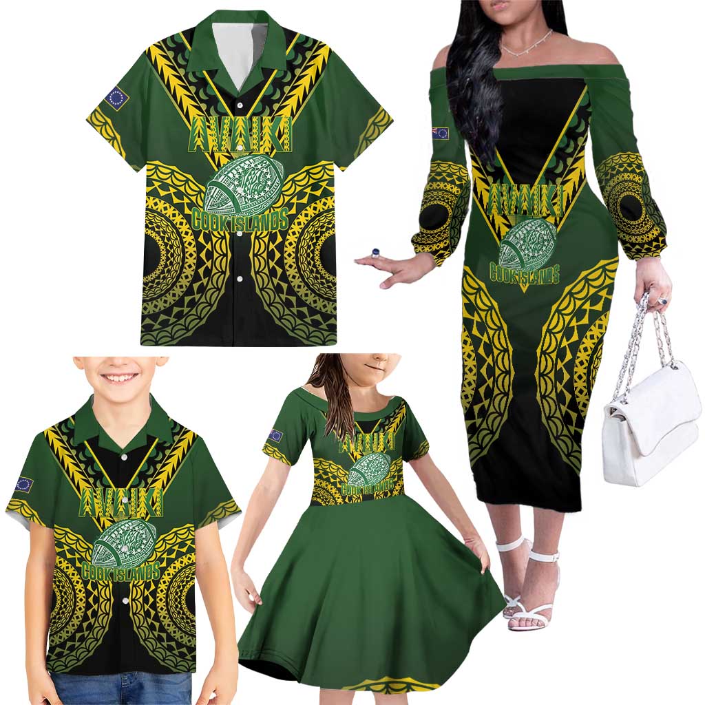 Custom Avaiki Cook Islands Rugby Family Matching Off The Shoulder Long Sleeve Dress and Hawaiian Shirt Kuki Airani Tatau Black LT14 - Polynesian Pride