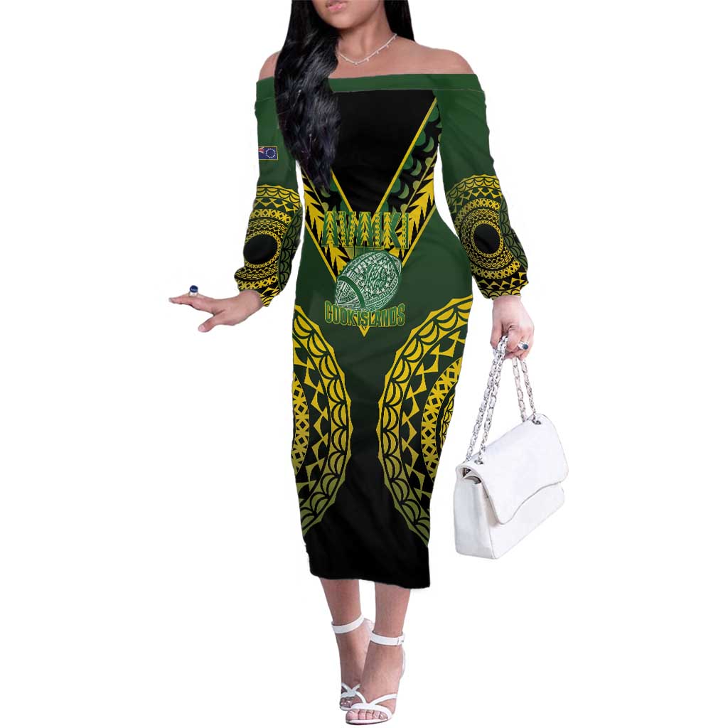 Custom Avaiki Cook Islands Rugby Family Matching Off The Shoulder Long Sleeve Dress and Hawaiian Shirt Kuki Airani Tatau Black LT14 Mom's Dress Black - Polynesian Pride